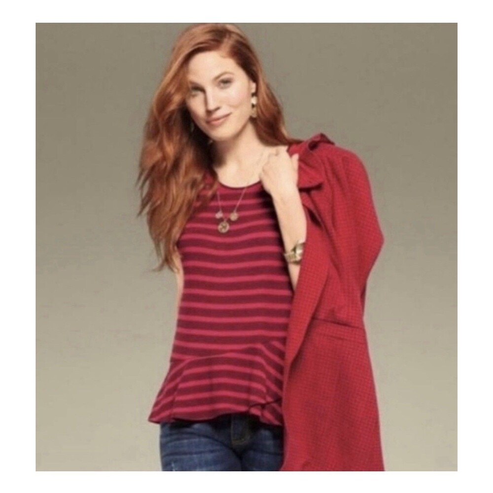 Cabi 3631 Womens Red Stripes Tee Scoop Neck Ruffled Peplum Top Shirt S Small
